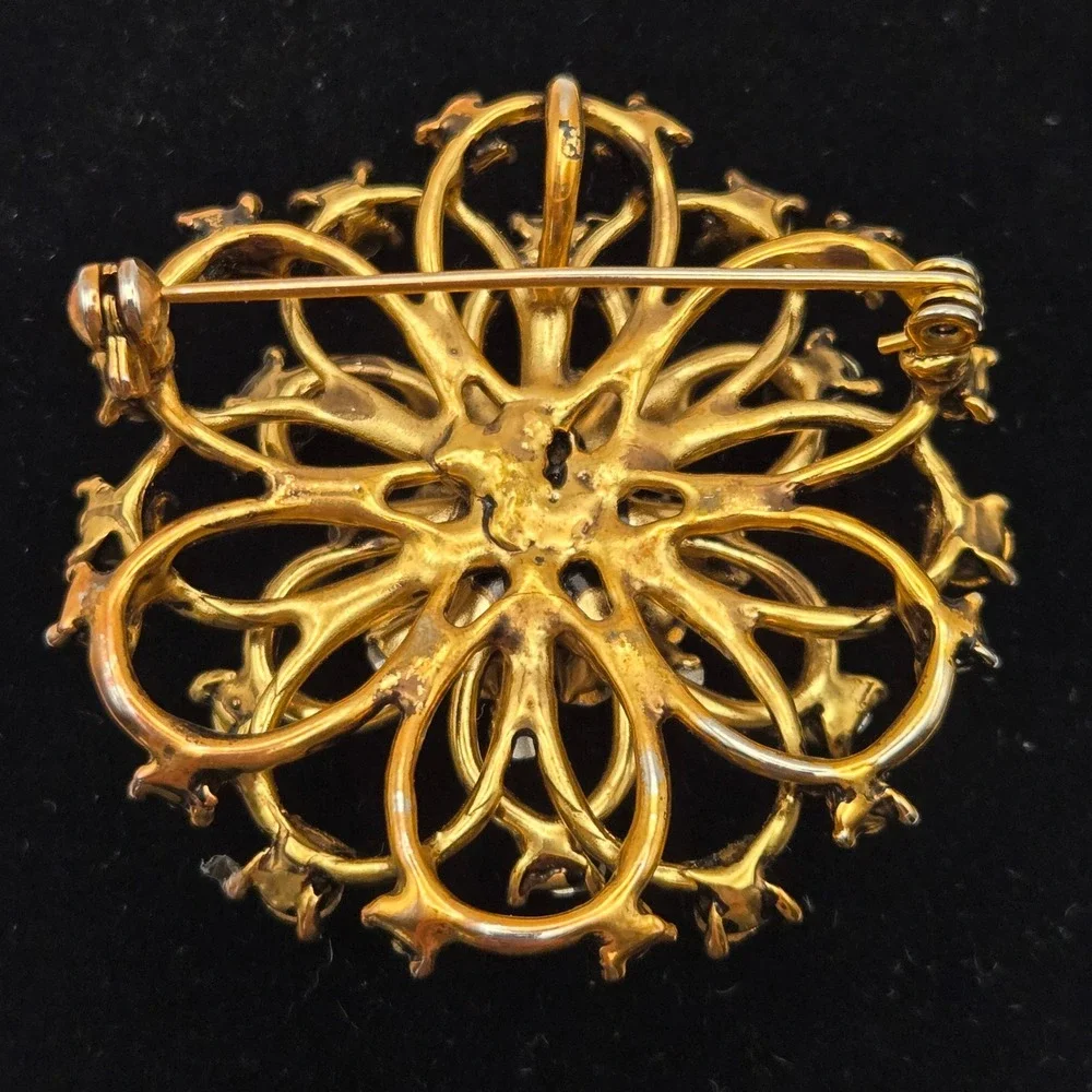 Vintage 60s Unbranded Brooch Gold Tone Aurora Borealis Rhinestone Floral Sunburs